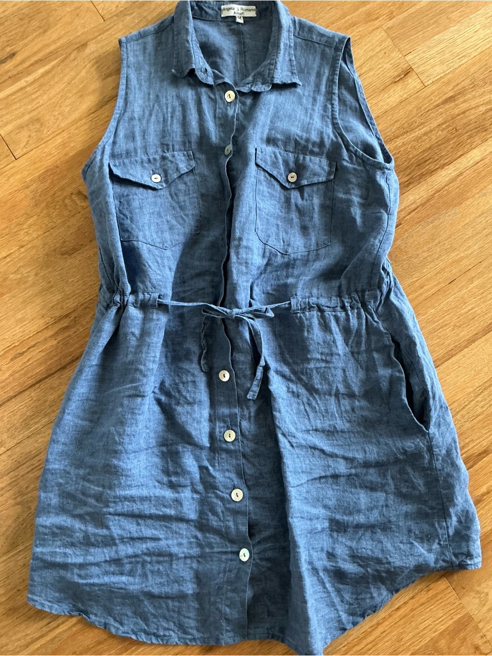 Sleeveless Button-Front Linen Dress - Blue - Picture 6 of 7